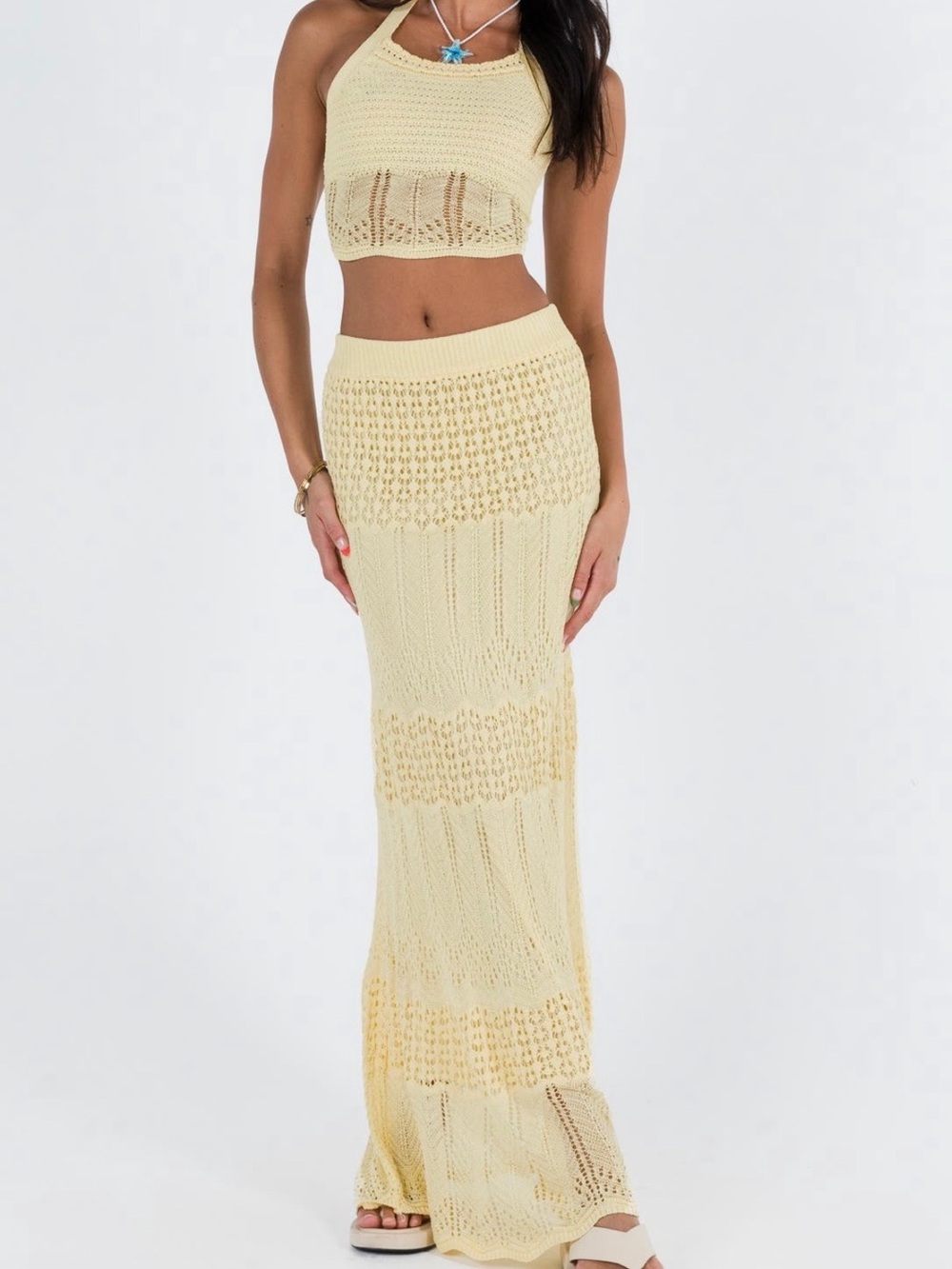 Princess Polly Butter Yellow Crochet Maxi Skirt and Top Set